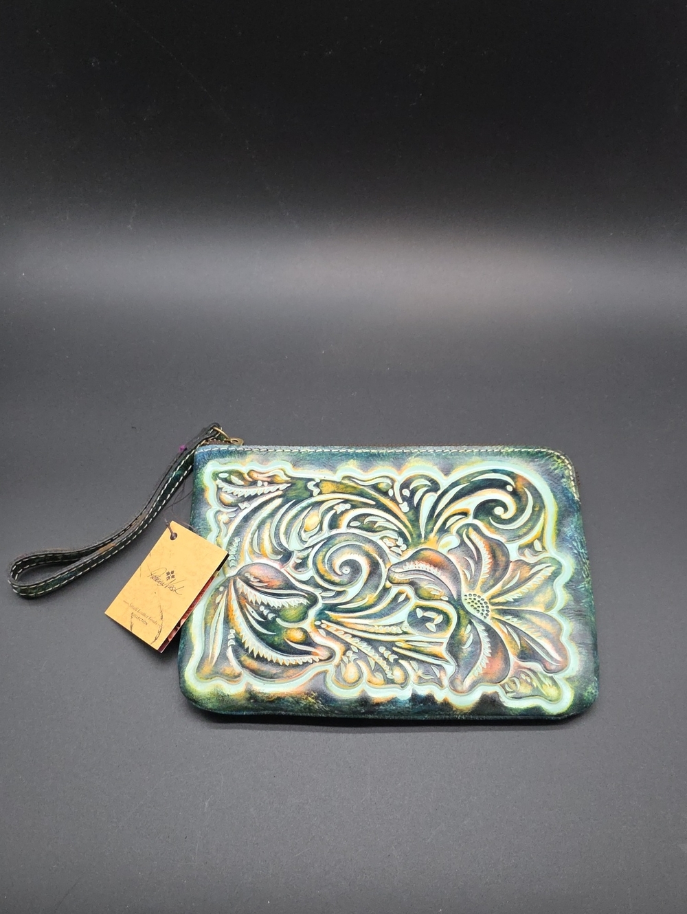 PATRICIA NASH Hand-Tooled Floral Wristlet Clutch in Teal
